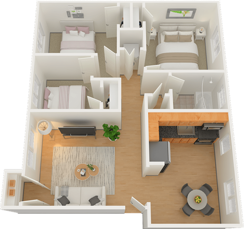 A 3D floor plan of a small apartment with two bedrooms, a living room, and a kitchen.